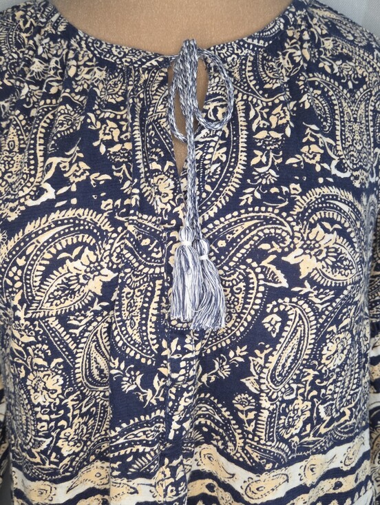 Lucky Brand Tops - Lucky Brand M Medium Boho Paisley Tie-Neck Peasant Blouse - Navy/Cream